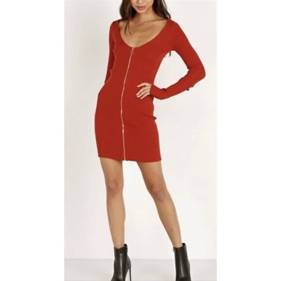 FOR LOVE & LEMONS KNITZ Annie Zipper Mini Dress in Ochre Bodycon Ribbed Size XS - Picture 1 of 14